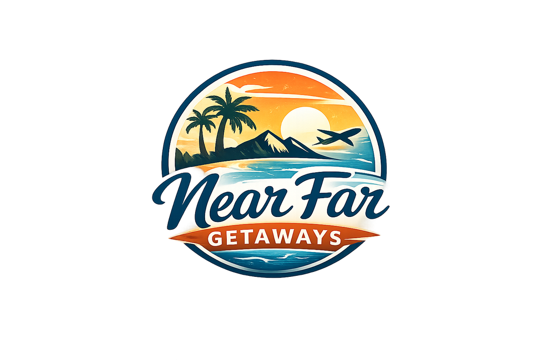 Near Far Getaways travel agency logo with palms, mountains, ocean, sunset, and airplane